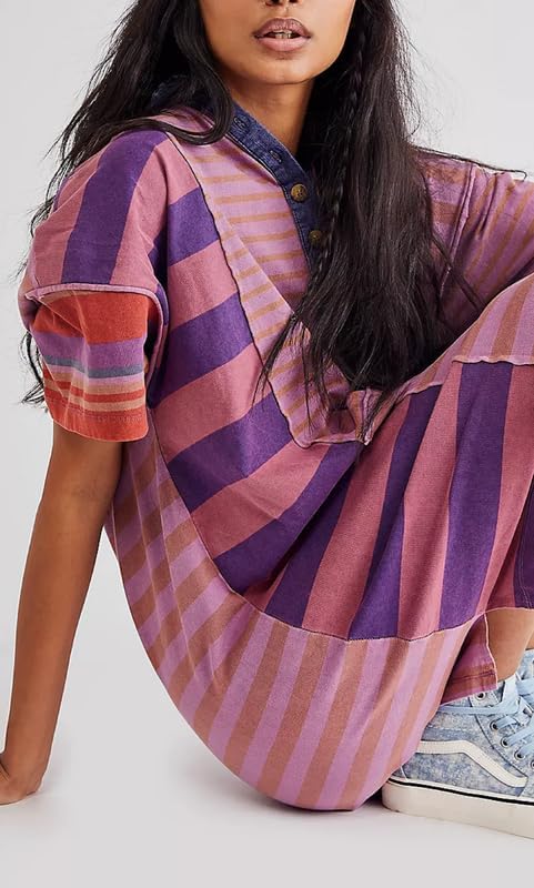 Image of NUFIWI Y2K Striped Shirt Mini Dress for Women Oversized Stripe Tunic Tshirt Dresses Short Sleeve Buttons Loose Fit Tee Dress