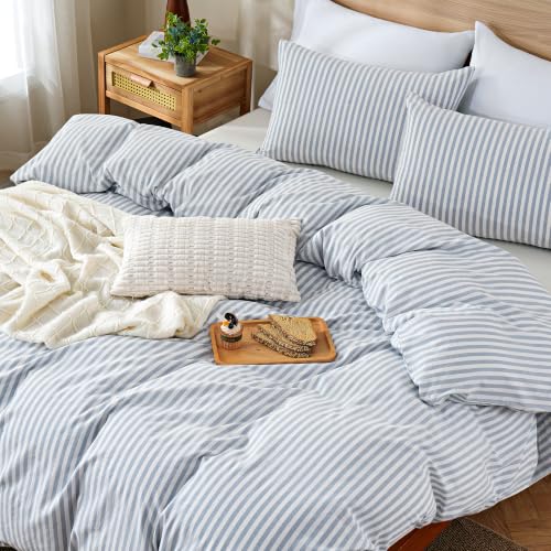 Image of TOCOMOA Blue Striped Duvet Cover Set 100% Washed Cotton Like Linen, Queen