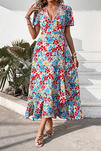 Image of PRETTYGARDEN Women's Summer Wrap Maxi Dress Casual Boho Floral V Neck Short Sleeve Ruffle Hem Split Beach Long Dresses