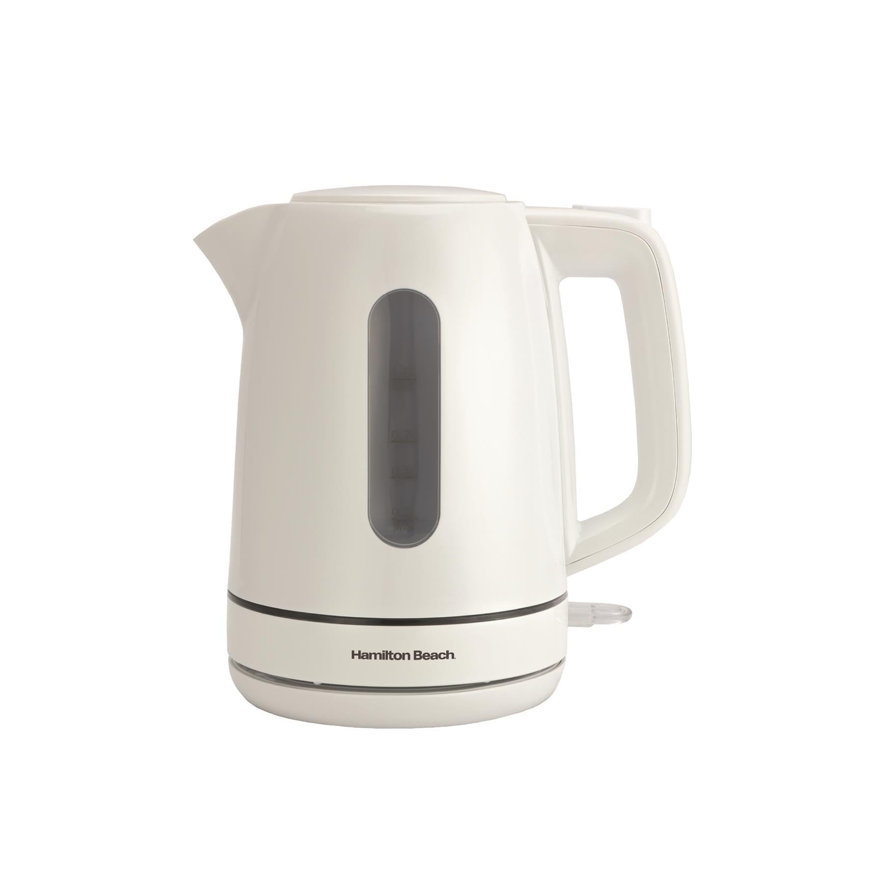 Hamilton Beach Electric Kettle, Compact, 1L, Plastic, Boil Dry Protection, Auto Shut Off, Push Button Lid, Water Level Window, UK Strix Technology, White - HB3038W1