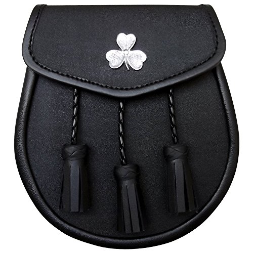 Black Leather Sporran with 3 Tassels & Shamrock Badge on Front