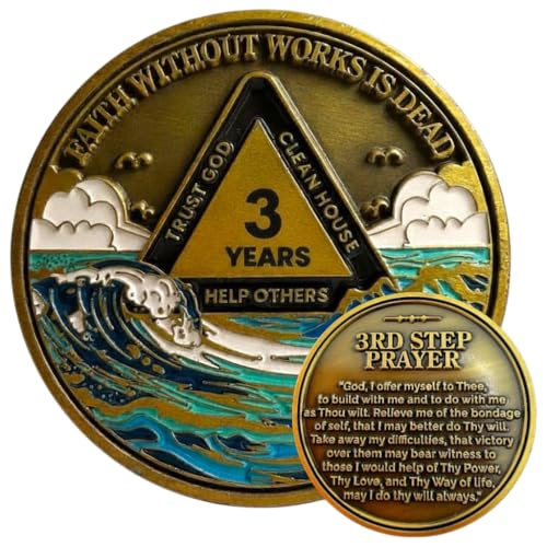 3 Year Waves Sobriety Coin - Third Step Prayer AA Medallion Premium Recovery Token for Anniversaries Sponsor & Sponsee Gifts Three Years Sober Milestone Chip for Women and Men