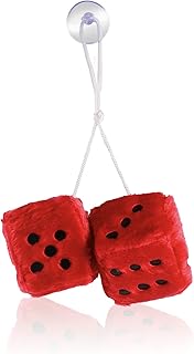 Giveme5 3 inch Pair of Retro Square Mirror Hanging Couple Fuzzy Plush Dice with Dots for Car Interior Ornament Decoration (Red)