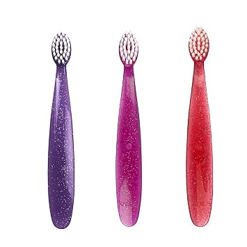 RADIUS Tiny Totz Toothbrush, Toddler Toothbrush for Ages 1+ Years, Extra Soft Plant Based Bristles, Cornerless Head, BPA Free, ADA Accepted, Made in USA, Purple/Pink/Coral, Pack of 3