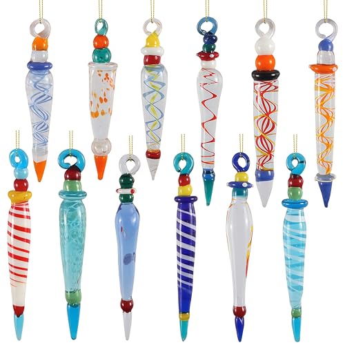JOYIN 12Pcs Colorful Glass Icicle Ornaments with Crystal Line for Christmas Tree Decorations, 3.54-3.7