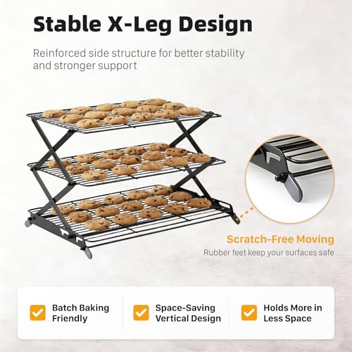 NZJWZS 3 Tier Cooling Rack, Collapsible Adjustable Height Wire Baking Rack with Stable X-Leg Design, Space-Saving Cooling Racks for Cooking and Baking Cookies, Cakes & Pastries, 17.1" x 9.8", Black by NZJWZS - Image 6
