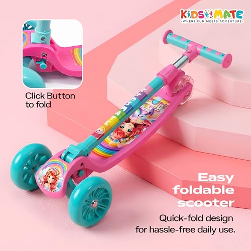 Image of Kidsmate Cruiser Kick Scooter for Kids with Broad Wheels | 3-Wheel Skate Scooter for Boys & Girls of Ages 2-12 Years | Level Adjustable Height, and Easy Fold Design Scooter for Kids (Pink Sea Green)