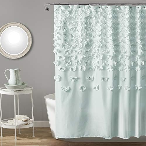 Lush Decor Lucia Shower Curtain - Fabric, Ruched, Floral, Textured Vintage Chic, Farmhouse Style Design, 72 x 72, Blue
