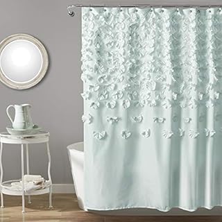 Lush Decor Lucia Shower Curtain - Fabric, Ruched, Floral, Textured Vintage Chic, Farmhouse Style Design, 72 x 72, Blue