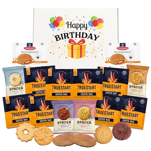 Happy Birthday Hamper Coffee Gift Set Bundle with x8 TrueStart Coffee Bags x2 Jumbo Stroopwafels and Individually Wrapped Border Biscuits - Birthday Hampers For Men and Women