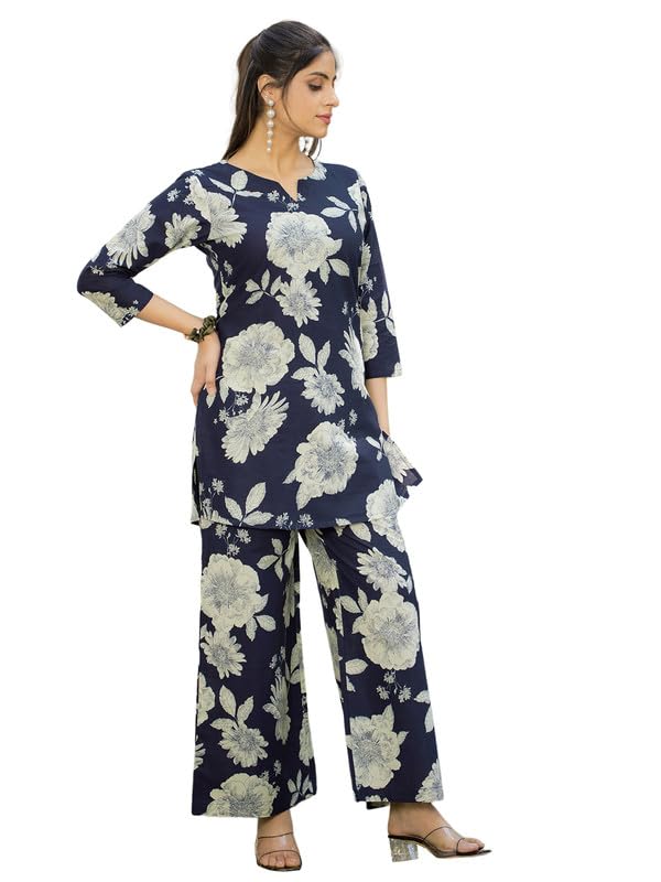 Tee Projekt Cotton Ethnic Wear Co Ord Set For Women | Festive Co Ord Set For Women Navy Blue