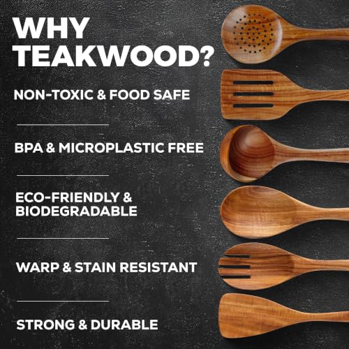 Image of Zulay Kitchen Extra-Large 6-Piece Wooden Spoon Set - Smooth Teak Cooking Utensils - Comfort-Grip Non-Stick Turner, Spatula, Skimmer, Fork, Serving Spoon
