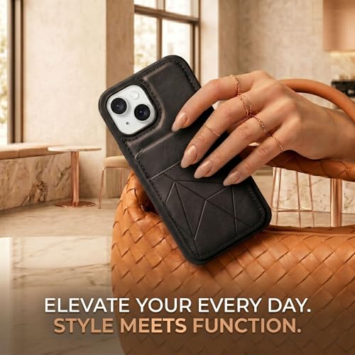 Image of amazon basics Premium Vegan Leather Back Cover with Card Holder and Integrated Mobile Stand for iPhone 15 - Slim Shockproof Wallet Case with Geometric Stitching [Black]