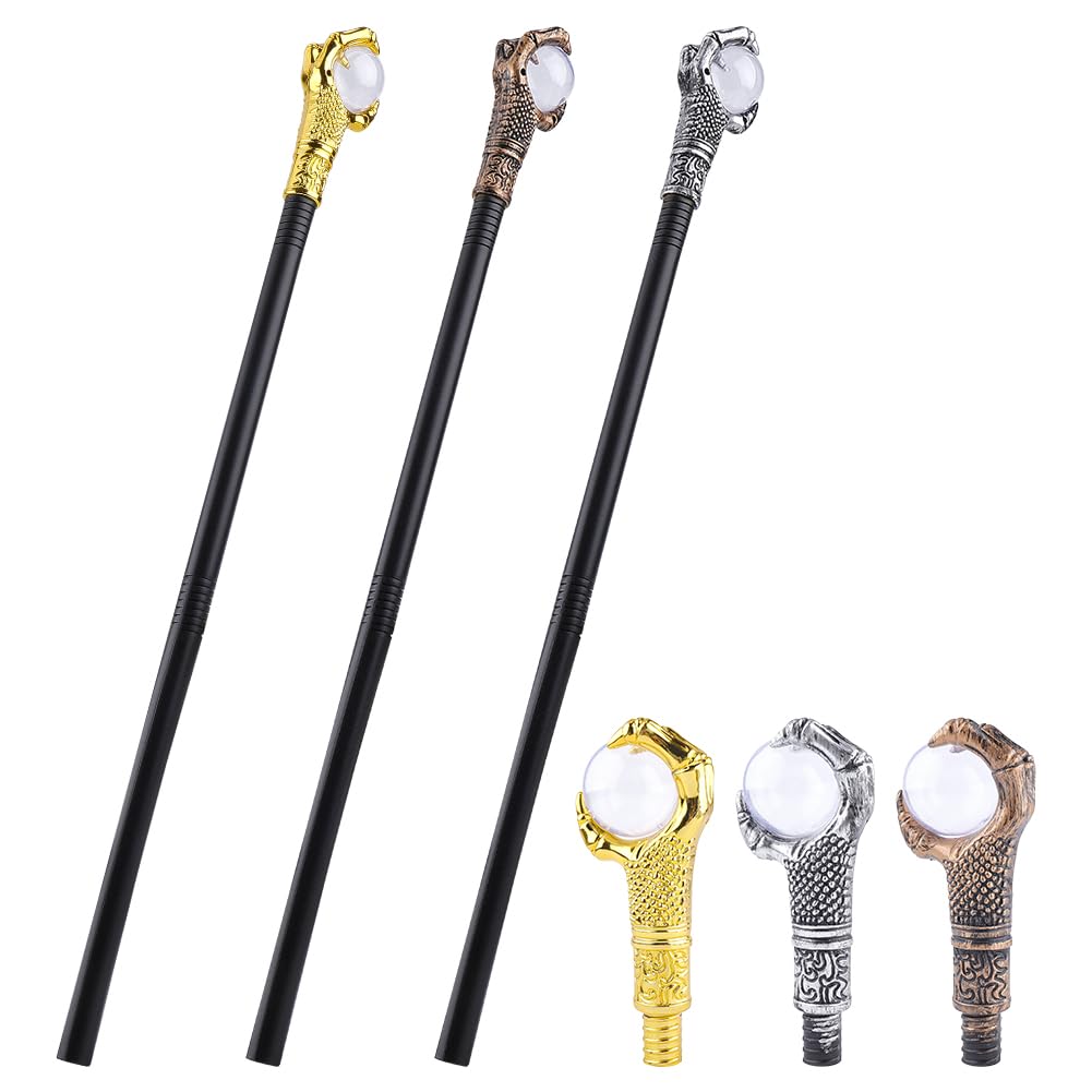 arricraft 3 Pcs Halloween Walking Cane, 3 Colors Ghost Claw with Plastic Ball Magic Wands Wizard Costume Scepter Accessories Cosplay Party Decorations