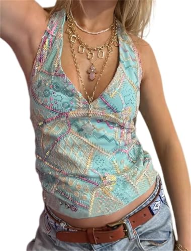 Women Sequin Halter Top Y2K Sparkly Beaded Glitter Party Rave Tank Tops