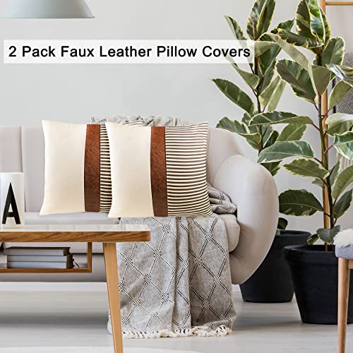 Timdam Farmhouse Decorative Throw Pillow Covers 18X18, Set Of 2 Couch Pillow Cover For Living Room, Stripe Patchwork Linen Pillow Covers, Modern Accent Decor Square Faux Leather Throw Pillow Cases #TOP6