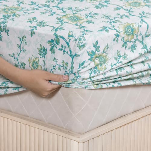 Image of LANE LINEN Symphony | 100% Cotton Sheet Set | Soft & Breathable Fabric | 3 Piece (1 Bedsheet + 2 Pillow Covers) | King Bed Sheet Set - Mint and Aqua Flower