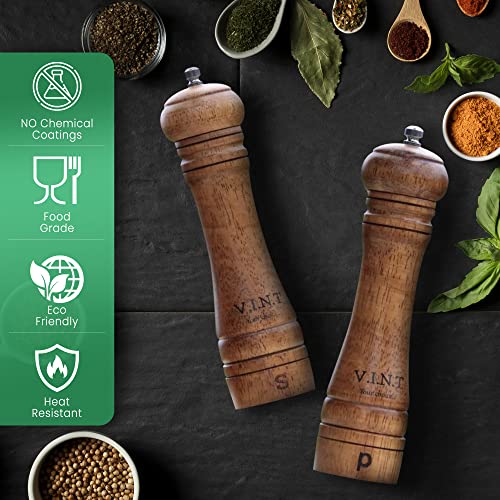 Wooden Salt And Pepper Grinder Set - Adjustable Ceramic Rotor - Refillable Salt And Pepper Mill Set - Pack Of 2 – 8 Inch - Heat Resistant- Food Grade- Eco-Friendly, Brown #TOP3