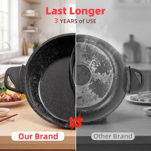 Image of TWIN Electric Hot Pot with Divider | EvenHeat Cast Aluminum Non-Stick Pot for No-Spot Cooking | 1500W Fast Heating | Dual-Flavor Shabu Shabu Pot for | 1-Yr Warranty | Granite Black