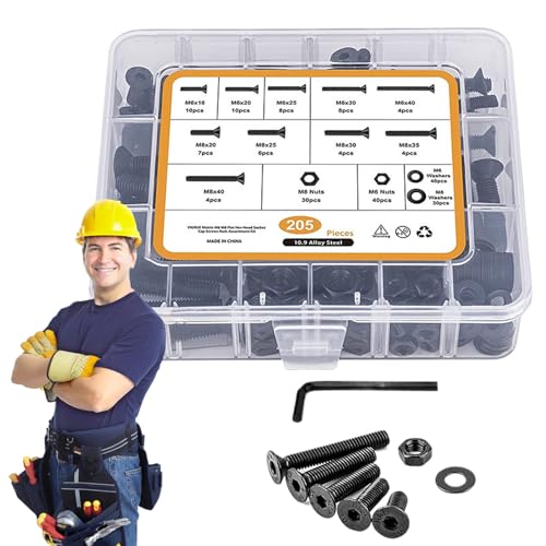 Juego de tornillos y tuercas, 205 piezas de construcción robusta de acero inoxidable – Juego de tornillos de repuesto con llave | Para maquinaria de coche, armario, puerta, montaje de reparación
