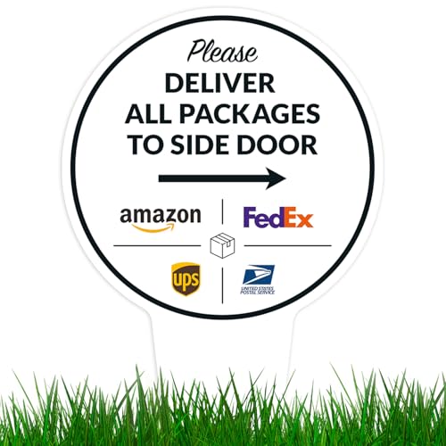 Image of Package Delivery Sign, Delivery Instructions Deliver All Package to Side Door Right Arrow Sign, 7x13 Inches Round Shape, Aluminum Composite Made in USA by Sigo Signs