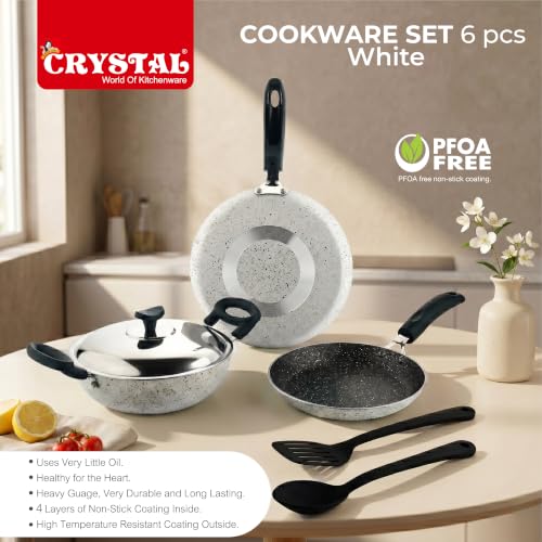 Image of Crystal Aluminum 6 Pcs Non Stick Cookware Set | Gas Stove Friendly | Tawa, Fry Pan, Kadhai with Lid, Laddle & Spatula | Durable 4 Layer Non Stick Coating | PFOA Free | White