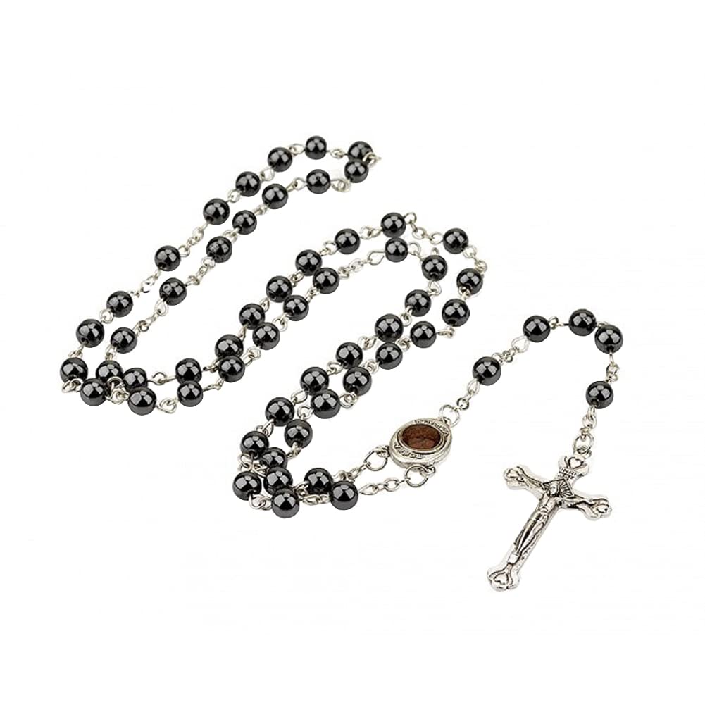 Surakey Non Magnetic Black Gallstone Necklace Cross Pendant Rosary Necklace for Baptism Religious Prayer Communion Wall Hanging Handmade Catholic Cross for Home Decor, Type 8