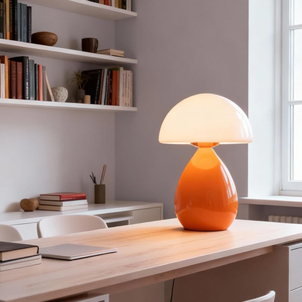 AoLa Pilzlampe Orange LED Pilz Tischlampe mit Kabel und Schalter Dimmbar Tischleuchte lnnen mit Stecker Orange Nachttischlampe Glas Modern Dekorative Lampe für Wohnzimmer Schlafzimmer, 3000K