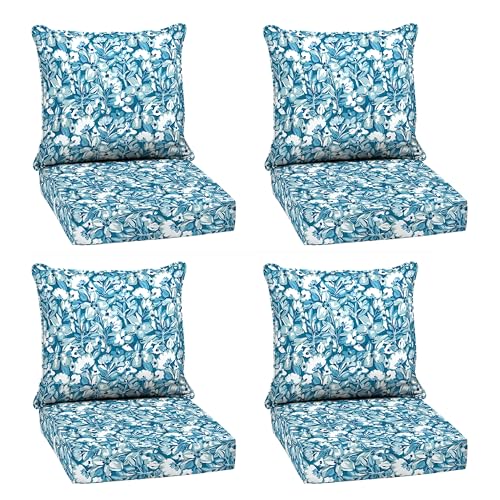Image of Arden Deep Seat Outdoor Chair Cushion Set (4-Pack), 24 in x 24 in, Weather-Proof, Rain-Proof, Fade Resistant Patio Cushion Set for Chair, Sofa, and Couch Aqua Blue Fusion Floral