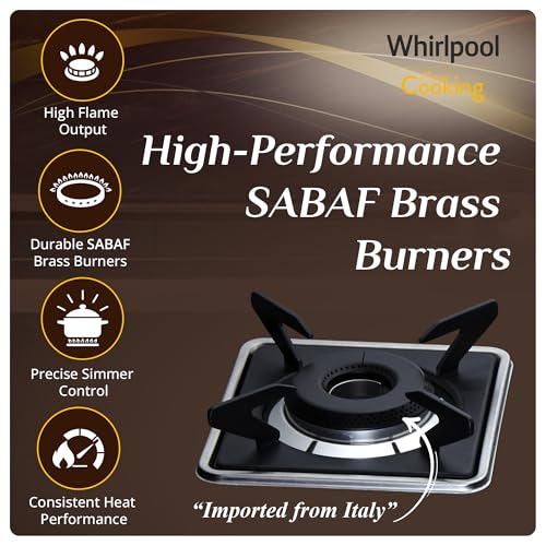 Image of Whirlpool 90cm 4 Burner Auto Ignition Gas Stove | SABAF Brass Burners & Valves | 8mm Thick Toughened Black Glass | 10-Year Burner & Valve and 5-Year Glass Warranty | GRANDIOSA ULTRA LOTUS 904 CT AI BR