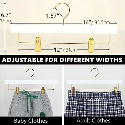 Amber Home 10 Stück 35,5cm Weiß Kleiderbügel aus Holz, Robust und Glänzend Hosenbügel Aufhänger für Hosen Shorts Rock Socken Unterwäsche, mit rutschfest Clips und Drehbar Haken (Gold 10)