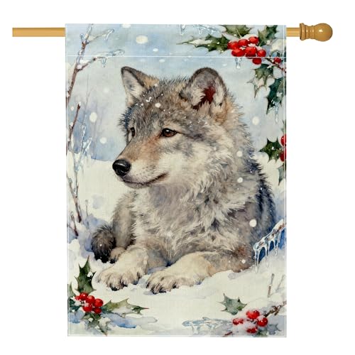 Bandiera della casa dei lupi, rustica invernale con agrifoglio e neve, in iuta grigia, su entrambi i lati, grande bandiera da giardino per esterni, cortile, prato, patio, porta d'ingresso, 71 x 101 cm
