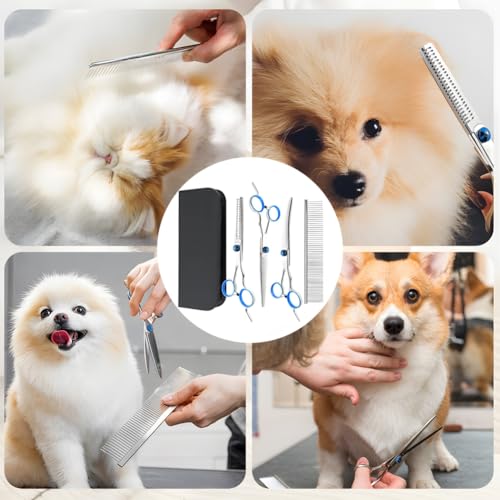4er-Pack Profi Hundeschere Set Fellschere Katze, 1 Effilierschere, 1 Gerade Schere, 1 Fellpflegekamm, 1 Gebogene Schere für Hund Katze Haar Pflege für Ganzkörper, Gesicht, Nase, und Ohr