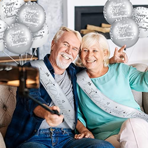 14 Pieces 60th Anniversary Wedding Decoration Set Include Happy 60th Anniversary Balloons Wedding Banner Sash Bunting for Wedding Party Decoration
