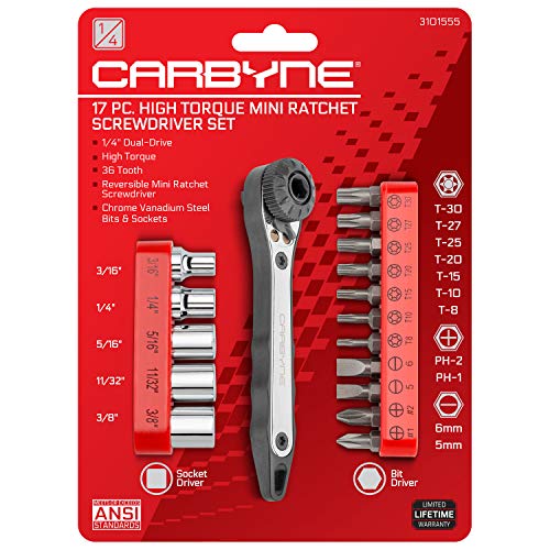 Carbyne 17-Piece Right Angle Mini Ratchet Wrench Screwdriver Set | 1/4 in.…