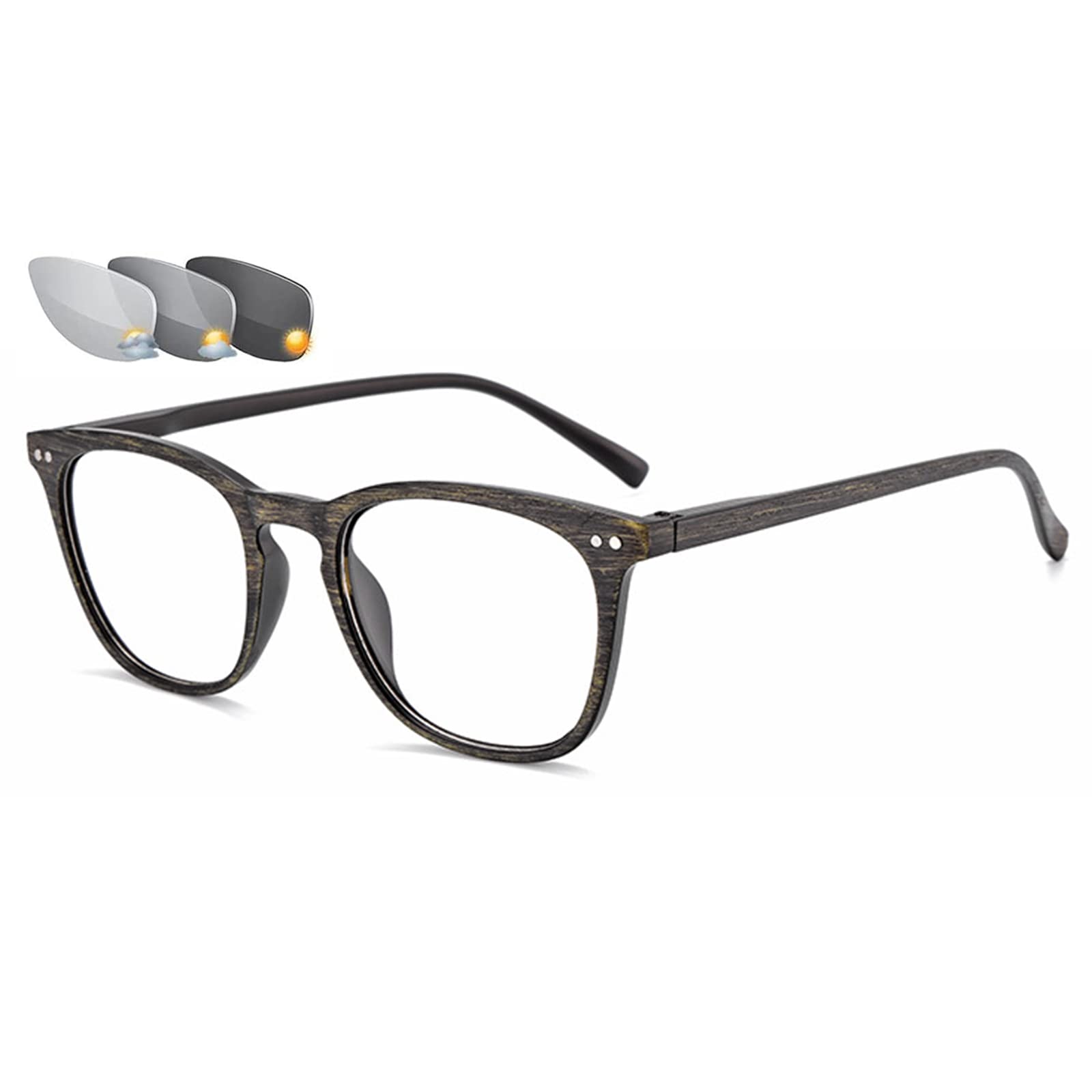 Gafas de Lectura multifoco progresivas Unisex, Gafas de Sol fotocromáticas, Montura de Grano de Madera de imitación Retro, Gafas para Ancianos, 03-+1,00