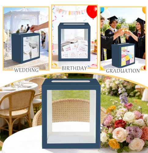 Image of SietDESEO Navy Blue Card Box for Party with Clear Window Large Gift Card Box Holder for Wedding Reception Birthday Graduation Baby Shower Raffle Ticket Box