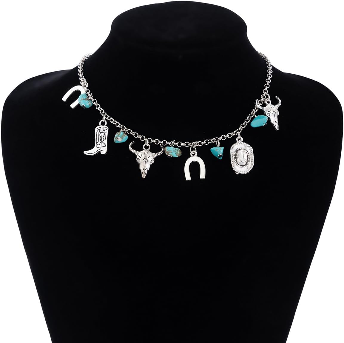 Silver Charm Necklace for Women Dainty Choker Necklace Trendy Turquoise Pendant Western Necklace Good Luck Necklace for Women Goat's Head Horseshoe Hat Boot Pendant Boho Jewelry Gift - Image 5