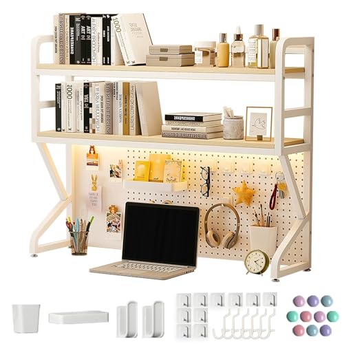 CWCQGH Bookshelf for Desk, Desktop Bookshelf Organizer, 3 Tier Desktop Storage Shelves with Pegboard Hooks Set, for Computer Office,Beige-110cm/43in
