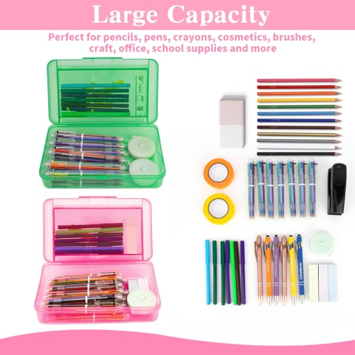 Image of Pencil Case Box, 2 PCS Green Pink Double Layer Large Capacity Plastic Pencil Boxs, Clear Hard Pen Case with Snap-tight Lid,Storage Art Craft Box Marker Organizer for Boys Girls Offices School Supplies