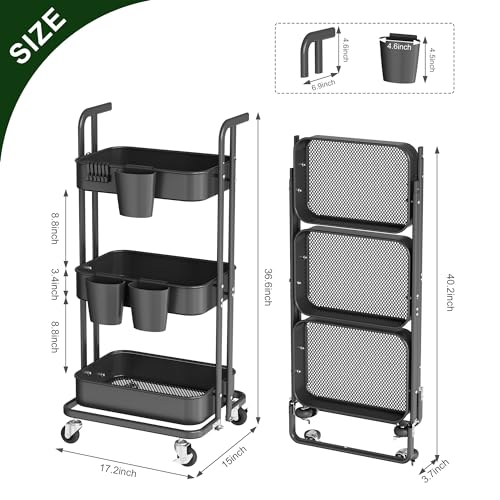 Image of DTK 3 Tier Foldable Rolling Cart, Metal Utility Cart with Lockable Wheels, Folding Storage Trolley, 3 Small Baskets and 6 Hooks for Living Room, Kitchen, Bathroom, Bedroom and Office, Black