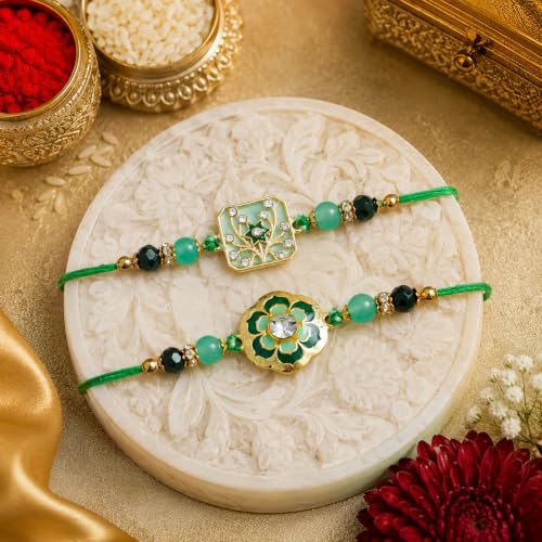 Image of Dreamica Set of 2 Designer Rakhi for Brother | Combo with ?My Brother is Awesome? Fridge Magnet, Tilak Set (Roli-Chawal), and Greeting Card | Best Rakhi Gift for Brother (Rakhi-68)