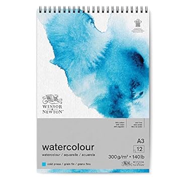 Winsor and Newton Watercolour Paper Pad, A3, 12 Sheets, 300 g/m�, Spiral Bound, Cold Pressed, Acid , Mixture of 25 Percent Cotton and Cellulose Fibres, Natural White