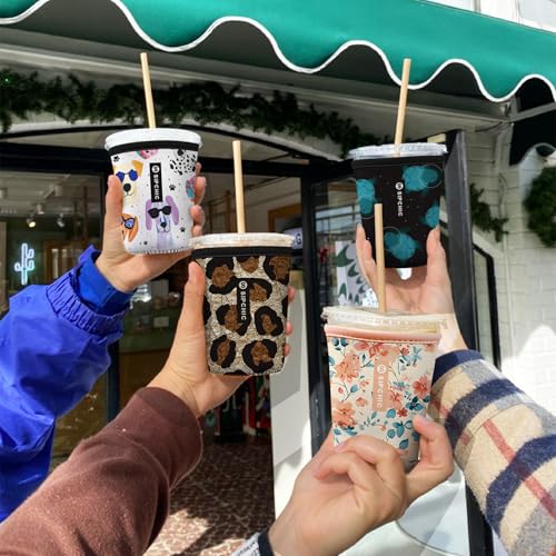 Image of Iced Coffee Sleeve - Neoprene Reusable Cup Sleeves for Drinks, Insulated Drink Sleeves to Keep Hands Dry & Drinks Cold, Stylish & Durable Coffee Sleeves (Spring Camellia, Medium: 22-29oz)
