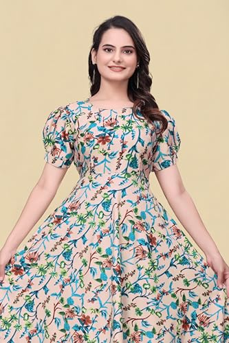 Image of Women's A-Line Crepe Maxi Dress | Stylish Fit and Flare Dress with Round Neck Short Puff Sleeves for Casual Wear