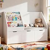 Teckid Kids Reading Nook with Bookshelf and Toy Organizer, Cushioned Seat with 3 Storage Drawers and Hidden Wheels for Easy Moving, White