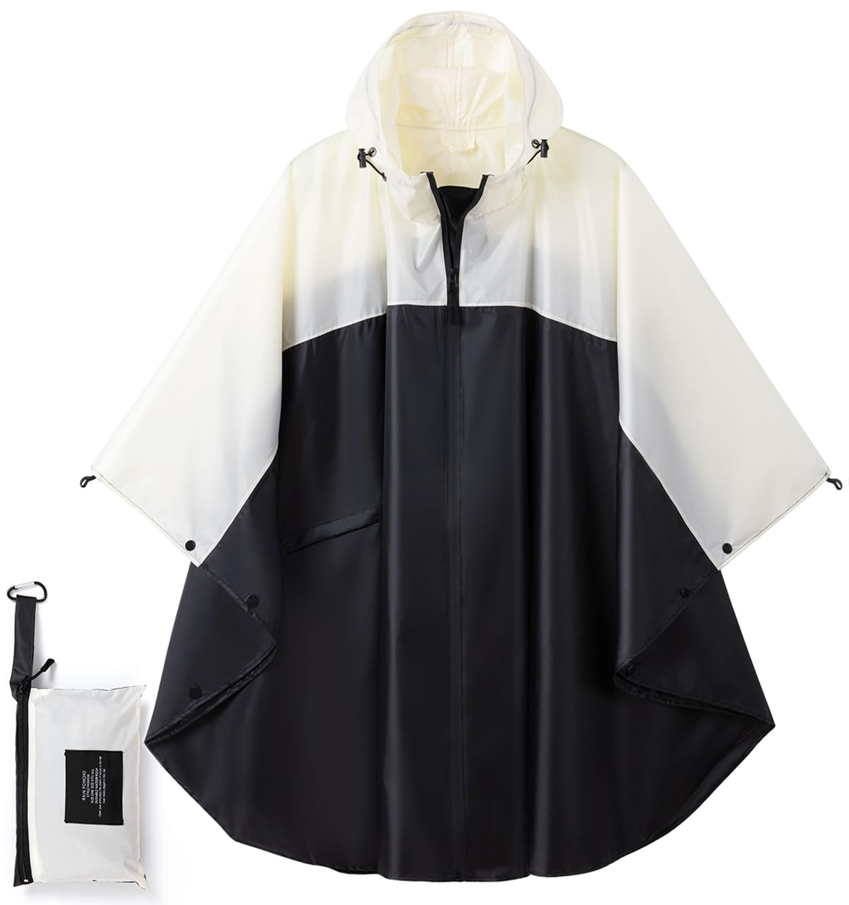 POWINSUN Fashion Hooded Rain Poncho Waterproof Raincoat Jacket with pocket for Women/Men/Adult, Black/White, One size