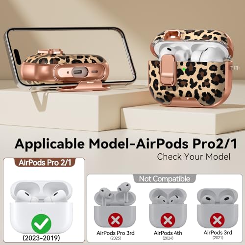 Image of for AirPods Pro 2 /1 Case (2023-2019), with Safty Lock & Phone Stand for AirPods Pro 2 /Pro1 Generation Case Cover for Women Girly with Keychain & Cleaner Kit - Leopard Print