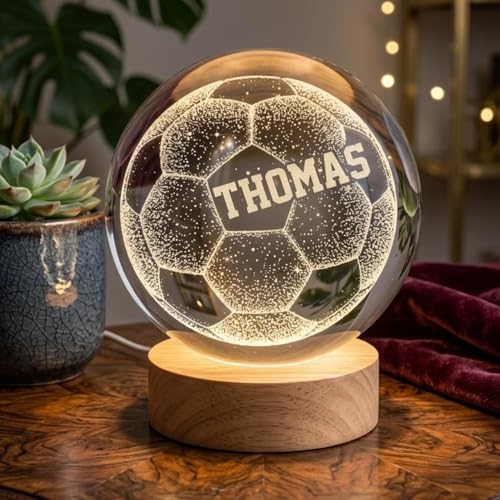 Image of Personalized Soccer Crystal Ball Night Light, Custom Soccer Dad LED Lamp with Name, Engraved Ball Gift, Kids Teens Room Decor