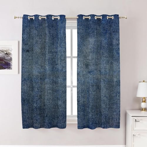 Used Blue Denim Bedroom Curtains,Denim Jeans Texture Canvas Denim Texture Blackout Polyester Grommet Window Treatment Drapes for Living Room, 2 Panels 52X63 Inches